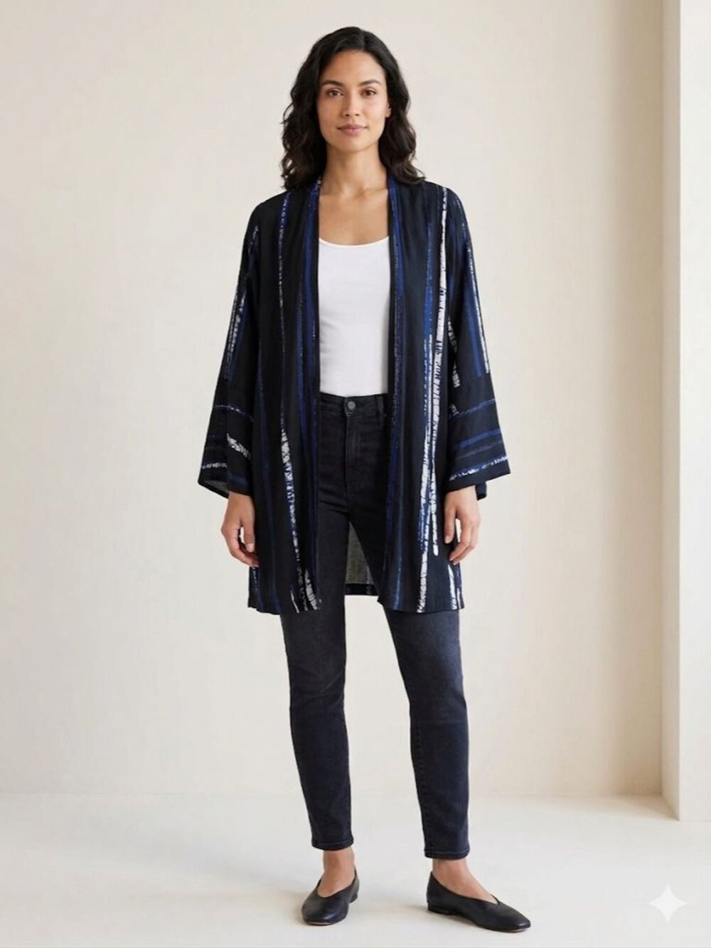 Bel Kazan OS One Size Abstract Tie Dye Kimono Cardigan Duster Blue Black Boho